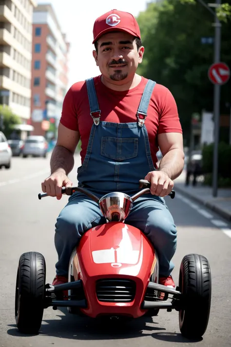 an Italian plumber man is driving a gokart on a city street, blue overalls, suspenders, red shirt, red hat, happy, big eyes,