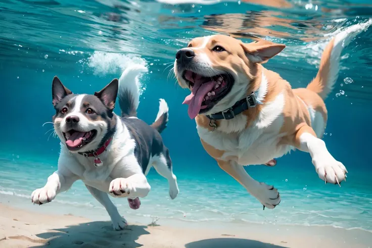Happy dog swimming underwater and having fun. Happy childhood and summer vacation. High quality photo realistic .8k,detailed,realistic,8k uhd,high quality,