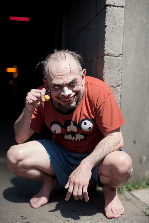 ugly man, homeless, clown, age 54 years old, (evil, scary:1.3), horror, laughing, clown clothes, a bad trip, drugs, squatting in a dark alley, masterpiece,