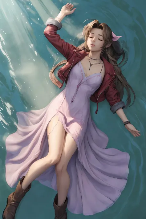 cinematic underwater masterpiece still ((overhead shot)) looking down on short peaceful looking aerith gainsborough, (short legs), realistic body, expressionless, (lying on back), (legs straight), eyes closed,  (mouth closed), (sinking) into a (deep pool), (underwater), (((submerged))),choker, (cropped jacket), hair bow, bracelet,  (pink dress), (((long dress))), (opaque dress), cotton dress, wool dress, brown boots, volumetric (((god rays))), bloom <lora:aerith-nvwls-v1:0.6>