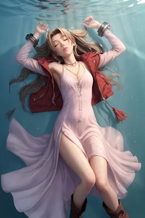 cinematic underwater masterpiece still ((overhead shot)) looking down on short peaceful looking aerith gainsborough, (short legs), realistic body, expressionless, (lying on back), (legs straight), eyes closed, (mouth closed), (sinking) into a (deep pool), (underwater), (((submerged))),choker, (cropped jacket), hair bow, bracelet, (pink dress), (((long dress))), (opaque dress), cotton dress, wool dress, brown boots, volumetric (((god rays))), bloom <lora:aerith-nvwls-v1:0.6>