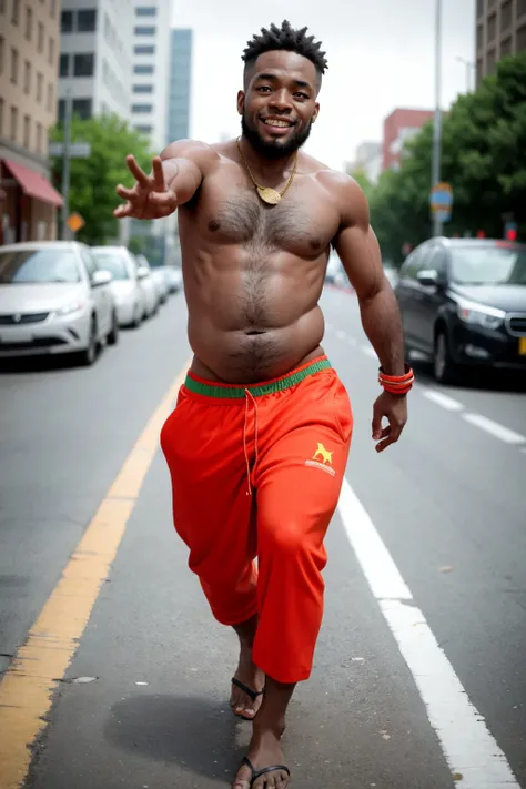 An african man is dancing on the street,
masterpiece