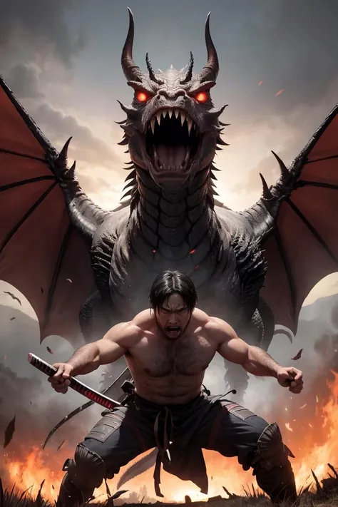 Climactic scene, a samurai with his katana standing in a field facing a distant giant dragon creature with a demonic face, glowing eyes, two outstretched wings, scaled muscular arms sharp claws, ready to start fight, intense scene, fire and air flows, 8k ultrafine detail, attack on titan style, masterpiece, cinematic,(size difference),