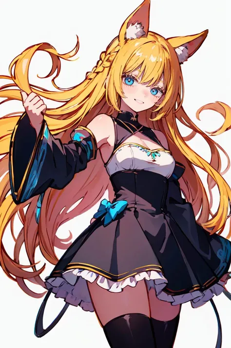 ultra detailed, masterpiece, best quality, solo, soft smile, light smile,
1girl, blue eyes, very long hair, blonde hair, long blonde hair, french braid, bangs, medium breasts,
hair ribbon, frilled choker, criss-cross halter, sleeveless dress, high-waist skirt, backless dress, waist bow, detached sleeves, frilled sleeves, wide sleeves, pantyhose, patterned legwear, mary janes, <lora:chapi:1> blue theme,