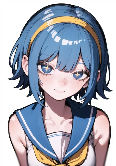 1girl, solo, blue hair, blue eyes, smile, bright pupils, hairband, shirt, short hair, yellow hairband, sleeveless, sleeveless shirt, closed mouth, white pupils, blush, blue sailor collar, collarbone, sailor collar, looking at viewer, bangs, white shirt, upper body, freckles "<lora:chapi7:1>"