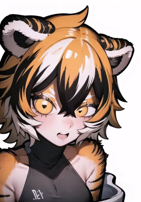 (waai fu:1.2), solo, tiger ears, looking at viewer, short hair, tiger girl, (body fur, tiger stripes), upper body, bare shoulders, portrait, close-up "<lora:chapi7:1>" <lora:waaifu:0.8>