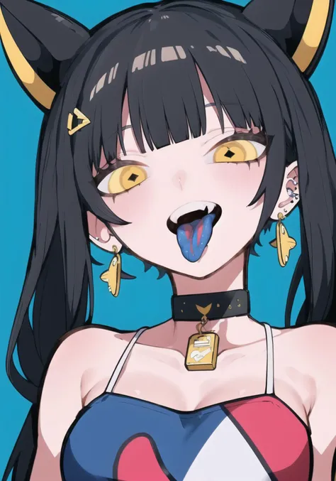 1girl, tongue, solo, blue background, tongue out, tongue piercing, yellow eyes, multicolored hair, open mouth, looking at viewer, jewelry, colored tongue, bangs, hair ornament, black hair, portrait, earrings, white hair, blue tongue, simple background, choker, teeth, smile, two-tone hair, bare shoulders, split-color hair, blue hair, piercing "<lora:chapi7:1>"