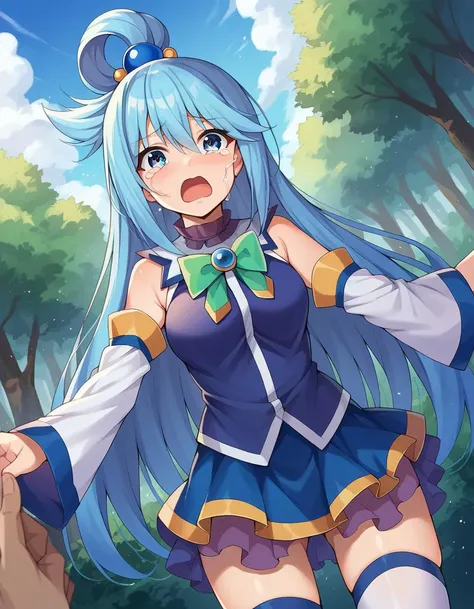 score_9, score_8_up, score_7_up, source_anime,
konosubaaqua, <lora:konosuba-aqua-ponyxl-lora-nochekaiser:1>,
aqua, long hair, blue eyes, hair ornament, very long hair, blue hair, hair rings, single hair ring, hair bobbles,
skirt, shirt, thighhighs, bare shoulders, detached sleeves, white thighhighs, blue skirt, blue shirt, green bow,
outdoors, forest, monsters, goblins, crying, open mouth,
looking at viewer, cowboy shot, dutch angle,