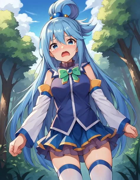 score_9, score_8_up, score_7_up, source_anime,
konosubaaqua, <lora:konosuba-aqua-ponyxl-lora-nochekaiser:1>,
aqua, long hair, blue eyes, hair ornament, very long hair, blue hair, hair rings, single hair ring, hair bobbles,
skirt, shirt, thighhighs, bare shoulders, detached sleeves, white thighhighs, blue skirt, blue shirt, green bow,
outdoors, forest, monsters, goblins, crying, open mouth,
looking at viewer, cowboy shot, dutch angle,