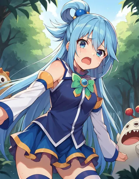 score_9, score_8_up, score_7_up, source_anime,
konosubaaqua, <lora:konosuba-aqua-ponyxl-lora-nochekaiser:1>,
aqua, long hair, blue eyes, hair ornament, very long hair, blue hair, hair rings, single hair ring, hair bobbles,
skirt, shirt, thighhighs, bare shoulders, detached sleeves, white thighhighs, blue skirt, blue shirt, green bow,
outdoors, forest, monsters, goblins, crying, open mouth,
looking at viewer, cowboy shot, dutch angle,