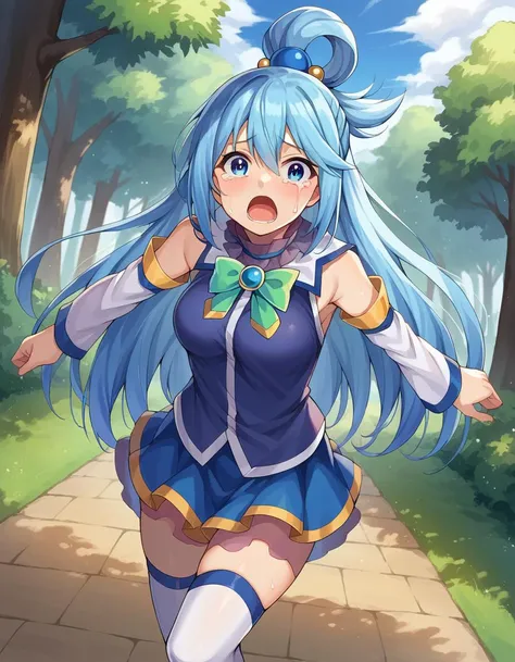 ((masterpiece)), ((Best quality)), (ultra detailed), ((kawaii)), Cute, (Beautiful), ((sexual)), ((extremely detailed)), 4K, (8 thousand.), Best quality, (Beautiful), illustration, anime style, (heavy line:1.2), Gradation, extremely detailed, Subtle touch:1.2), (Natural light, Sunbeam, rays of light, Dappled light, reflection, shadows, ray tracing:1.2) Cute girl, 1 girl, Konosuba, Water, blue hair, detailed clothing, detailed fabric, Hair rings, (One:1.2), standing, emphasizing the neckline and short skirt, slightly sheer blouse, short pleated skirt, Perfect eyes, (sexual expression:1.2), fascinated expression, smiling, looks at the viewer, (selfie:1.2), (at head level, open mouth, gasped, leant forward, blush:1.2) , (Beautiful eyes), lifting skirt, Panties shown, Cute, stockings, hips high, hourglass body, Medium breasts, T-boots, Mid thighs