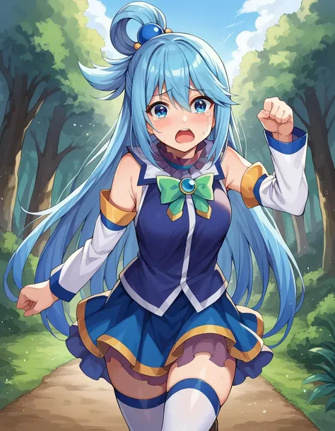 score_9, score_8_up, score_7_up, source_anime,
konosubaaqua, <lora:konosuba-aqua-ponyxl-lora-nochekaiser:1>,
aqua, long hair, blue eyes, hair ornament, very long hair, blue hair, hair rings, single hair ring, hair bobbles,
skirt, shirt, thighhighs, bare shoulders, detached sleeves, white thighhighs, blue skirt, blue shirt, green bow,
outdoors, forest, monsters, goblins, crying, open mouth, running,
looking at viewer, cowboy shot, dutch angle,