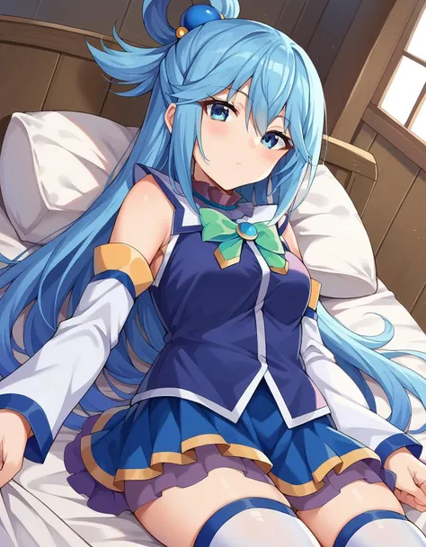 score_9, score_8_up, score_7_up, score_6_up, score_5_up, score_4_up, BREAK source_anime,POV,on bed,sitting(blush,steam,sweat:1.3) <lora:Aqua_konosuba_V1:0.8> aqua /(konosuba/), long hair, blue eyes, hair ornament, very long hair, blue hair, hair rings, single hair ring,blue skirt, blue shirt, thighhighs, bare shoulders, detached sleeves, white thighhighs, green bow