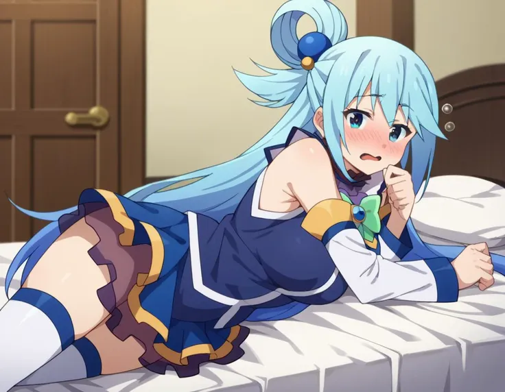 score_9, score_8_up, score_7_up, source_anime,
konosubaaqua, <lora:konosuba-aqua-s2-ponyxl-lora-nochekaiser:1>,
aqua \(konosuba\), long hair, blue eyes, hair ornament, very long hair, blue hair, hair rings, single hair ring, hair bobbles,
skirt, shirt, thighhighs, bare shoulders, detached sleeves, white thighhighs, blue skirt, blue shirt, green bow,
indoors, bed, bed room, on side, blush, drunk,
looking at viewer, cowboy shot, dutch angle,