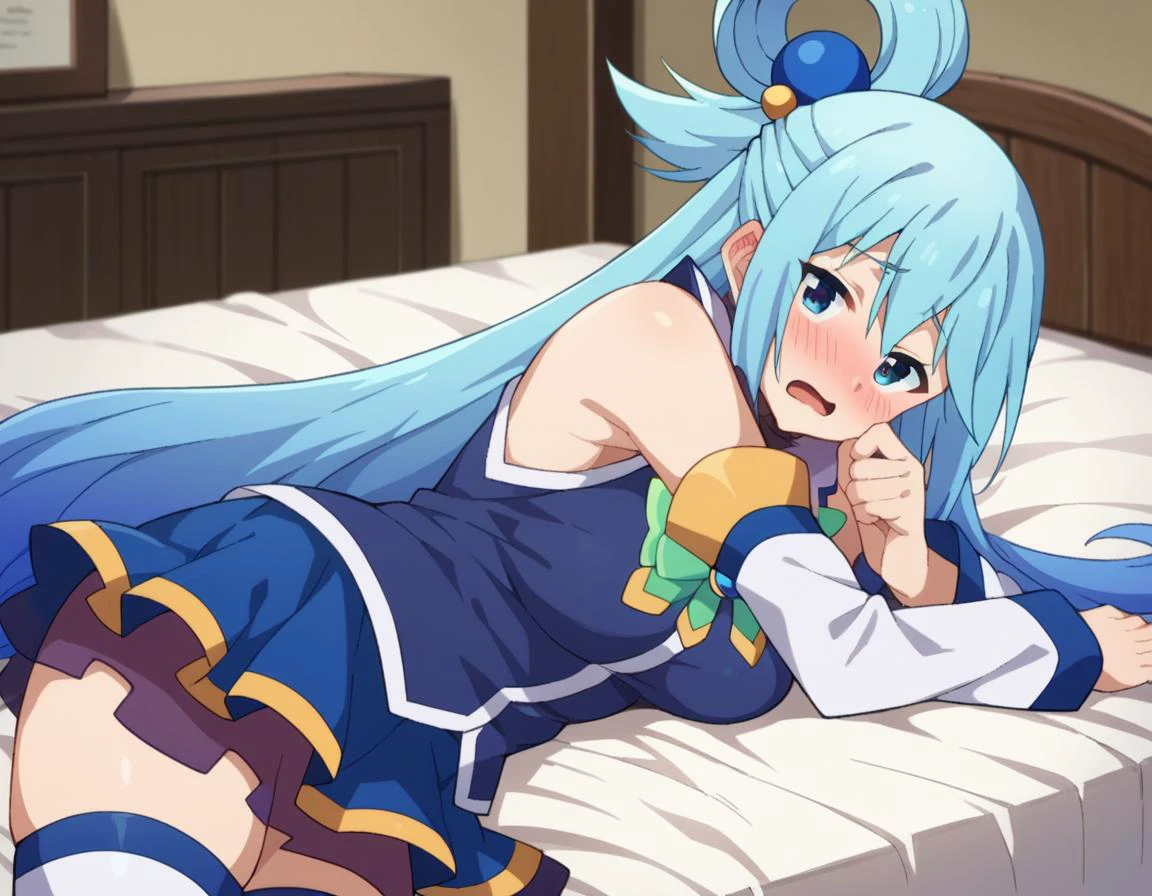 score_9, score_8_up, score_7_up, source_anime,
konosubaaqua, <lora:konosuba-aqua-s2-ponyxl-lora-nochekaiser:1>,
aqua \(konosuba\), long hair, blue eyes, hair ornament, very long hair, blue hair, hair rings, single hair ring, hair bobbles,
skirt, shirt, thighhighs, bare shoulders, detached sleeves, white thighhighs, blue skirt, blue shirt, green bow,
indoors, bed, bed room, on side, blush, drunk,
looking at viewer, cowboy shot, dutch angle,