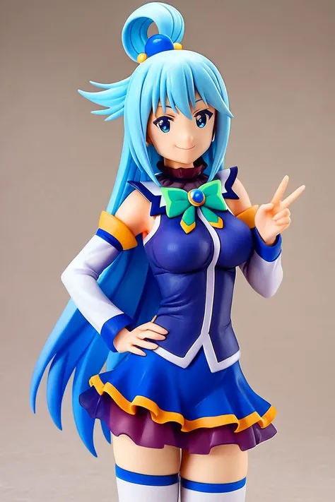 score_9, score_8_up, score_8, medium breasts, cute, eyelashes, figure, <lora:konosuba-aqua-s2-ponyxl-lora-nochekaiser:0.8>, aqua \(konosuba\), long hair, blue eyes, hair ornament, very long hair, blue hair, hair rings, single hair ring, hair bobbles, skirt, shirt, thighhighs, bare shoulders, detached sleeves, white thighhighs, blue skirt, blue shirt, green bow, v, hand on hip, smug, cowboy shot, smile, looking at viewer, <lora:Anime_Figure_P1:1>,