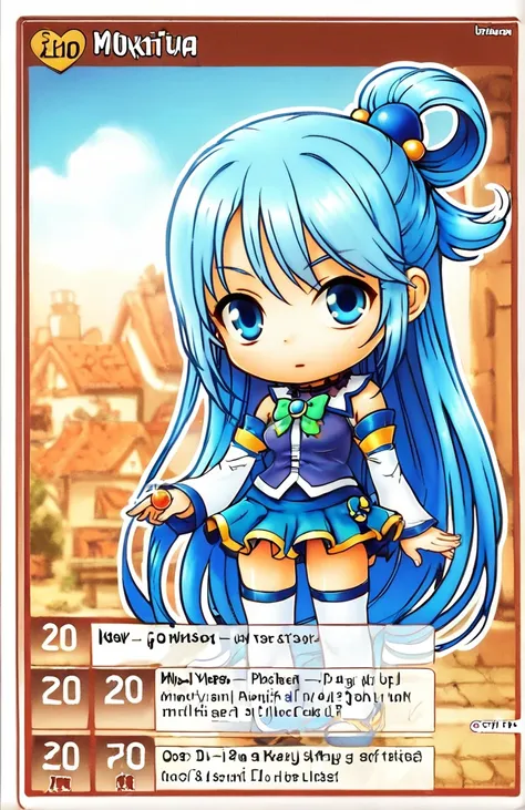 score_9, score_8_up, score_7_up, <lora:Maplestory_iTCG:1> maplestory_itcg, card (medium),full body, chibi, solo, 1girl, solo, english text, (red border:1), straight border, <lora:konosuba-aqua-ponyxl-lora-nochekaiser:0.7> aqua, long hair, blue eyes, hair ornament, very long hair, blue hair, hair rings, single hair ring, hair bobbles, skirt, shirt, thighhighs, bare shoulders, detached sleeves, white thighhighs, blue skirt, blue shirt, green bow,