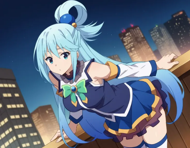 score_9, score_8_up, score_7_up, source_anime,
konosubaaqua, <lora:konosuba-aqua-s2-ponyxl-lora-nochekaiser:1>,
aqua \(konosuba\), long hair, blue eyes, hair ornament, very long hair, blue hair, hair rings, single hair ring, hair bobbles,
skirt, shirt, thighhighs, bare shoulders, detached sleeves, white thighhighs, blue skirt, blue shirt, green bow,
outdoors, cityscape, bent over,
looking at viewer, cowboy shot, dutch angle,