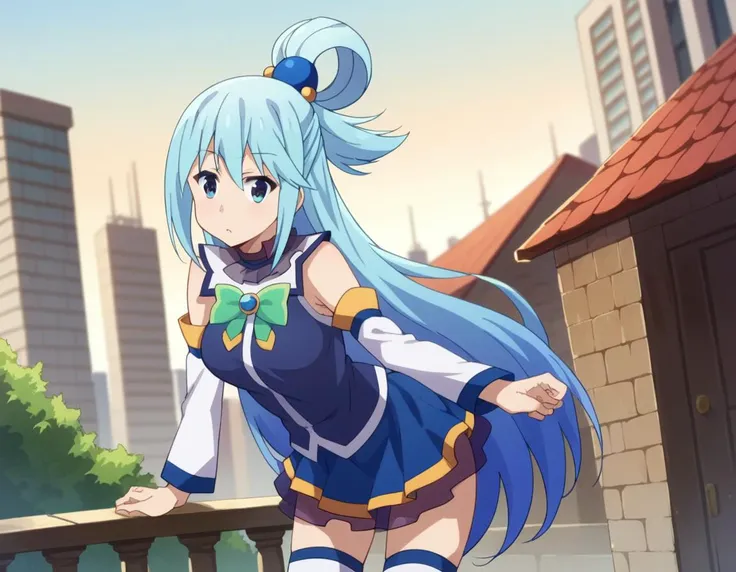 score_9, score_8_up, score_7_up, source_anime,
konosubaaqua, <lora:konosuba-aqua-s2-ponyxl-lora-nochekaiser:1>,
aqua \(konosuba\), long hair, blue eyes, hair ornament, very long hair, blue hair, hair rings, single hair ring, hair bobbles,
skirt, shirt, thighhighs, bare shoulders, detached sleeves, white thighhighs, blue skirt, blue shirt, green bow,
outdoors, cityscape, bent over,
looking at viewer, cowboy shot, dutch angle,