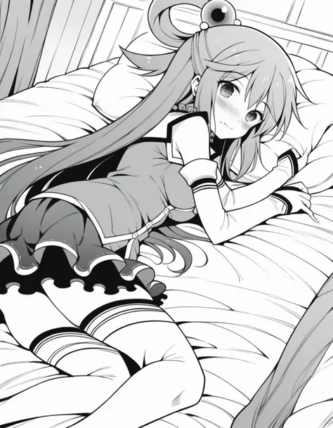score_9, score_8_up, score_7_up, source_anime,
konosubaaqua, <lora:konosuba-aqua-manga-ponyxl-lora-nochekaiser:1>,
aqua \(konosuba\), long hair, hair ornament, very long hair, hair rings, single hair ring, hair bobbles, monochrome, greyscale,
skirt, shirt, thighhighs, bare shoulders, detached sleeves, white thighhighs,
indoors, bed, bed room, on side, blush, drunk,
looking at viewer, cowboy shot, dutch angle, solo,