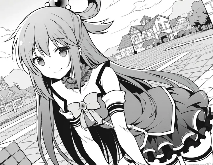 score_9, score_8_up, score_7_up, source_anime,
konosubaaqua, <lora:konosuba-aqua-manga-ponyxl-lora-nochekaiser:1>,
aqua \(konosuba\), long hair, hair ornament, very long hair, hair rings, single hair ring, hair bobbles, monochrome, greyscale,
skirt, shirt, thighhighs, bare shoulders, detached sleeves, white thighhighs,
outdoors, village, bent over, smile,
looking at viewer, cowboy shot, dutch angle, solo,