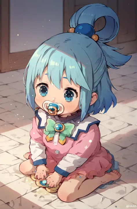 score_9_up,score_8_up,score_7_up,source_anime,,cute,1girl,solo,baby pacifier,on knees,crawling,pink dress,<lyco:Aged_down_character:1>,
<lyco:konosuba-aqua-s2-ponyxl-lora-nochekaiser:1>,aqua \(konosuba\),blue eyes,hair ornament,blue hair,hair rings,single hair ring,hair bobbles,short hair,