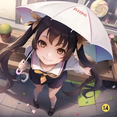 1girl, hachikuji mayoi, twintails, solo, umbrella, candy, food, ribbon, hair ribbon, brown eyes, smile, long hair, lollipop, snail, from above, brown hair, black hair, looking up, cover, masterpiece, best quality,