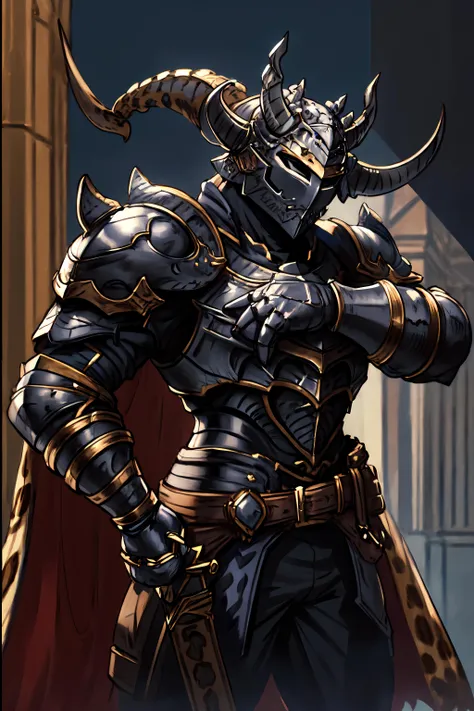 ((masterpiece)), (best quality), absurdres, <lora:HApollonia:0.7>, ARM1, (((helmet))), gauntlets, breastplate, plate armor, castle, horned helmet,black knight \(granblue fantasy\), (((no eyes))), hand on hip, sword, holding sword, holding weapon, cape, leopard print, from side, fighting, fighting stance, in motion,
