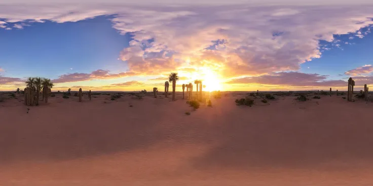 360panorama,No seams,The image features a beautiful scene of a sunset over a large pyramid. The pyramid is situated in a desert landscape,with palm trees surrounding it. The sun is setting in the background,casting a warm glow over the scene. The overall atmosphere is serene and captivating,showcasing the majesty of the ancient structure.,<lora:360èªæ-V1.4:1>,