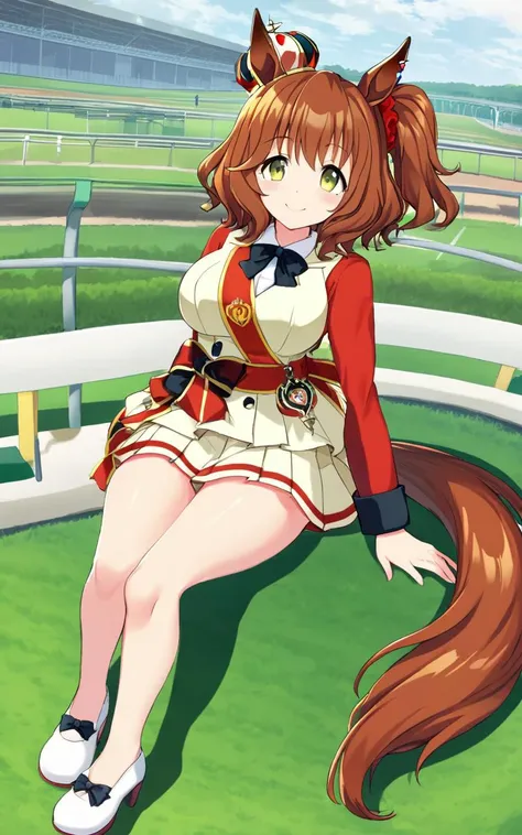 1girl, <lora:sdxl-um-astonmachan:0.7> AstonMachan, , green eyes, tareme, petite horse girl, horse ears, horse tail, head on mini crown, side_ponytail, lightbrown hair, medium hair, shiny hair, greenyellow eyes, hair_between_eyes, hair_ornament, medium breasts, red head_scrunchie, skindentation +++ red sleeves, parted colored shirt, long sleeves, white pleated skirt, white footwear, high heels, bow, sash, turf, race track , Overjoyed, extremely quality extremely detailed, illustration, cute anime face