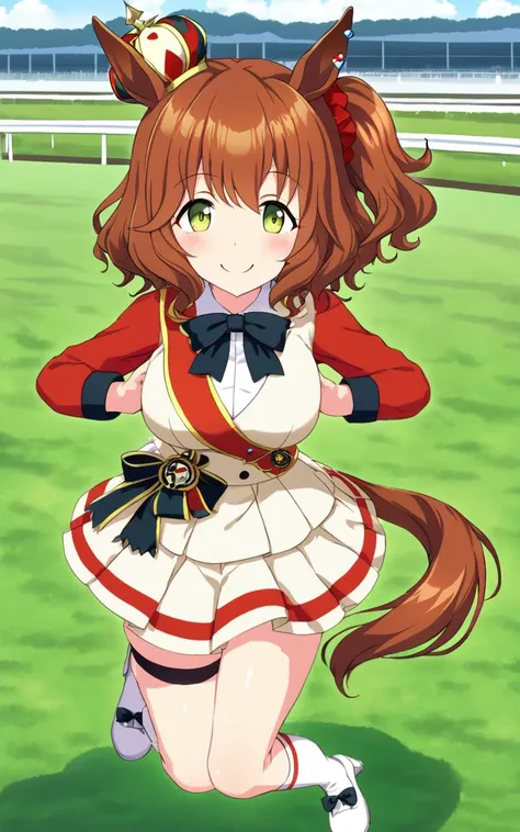 1girl, <lora:sdxl-um-astonmachan:0.7> AstonMachan, , green eyes, tareme, petite horse girl, horse ears, horse tail, head on mini crown, side_ponytail, lightbrown hair, medium hair, shiny hair, greenyellow eyes, hair_between_eyes, hair_ornament, medium breasts, red head_scrunchie, skindentation +++ red sleeves, parted colored shirt, long sleeves, white pleated skirt, white footwear, high heels, bow, sash, turf, race track , happy, :), extremely quality extremely detailed, illustration, cute anime face
