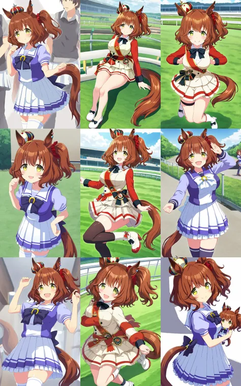 1girl, <lora:sdxl-um-astonmachan:0.7> AstonMachan, { ||||| character doll, holding doll }, green eyes, tareme, petite horse girl, horse ears, horse tail, head on mini crown, side_ponytail, lightbrown hair, medium hair, shiny hair, greenyellow eyes, hair_between_eyes, hair_ornament, medium breasts, red head_scrunchie, skindentation +++ { red sleeves, parted colored shirt, long sleeves, white pleated skirt, white footwear, high heels, bow, sash, turf, race track | <lora:_sdxl-um-trauniform:0.7> __tracenuni__, school }, __facialS__, extremely quality extremely detailed, illustration, cute anime face