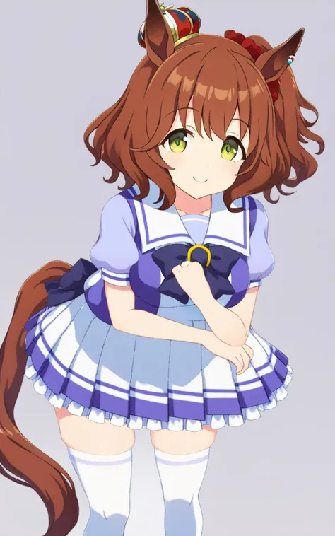 1girl, <lora:sdxl-um-astonmachan:0.7> AstonMachan, , green eyes, tareme, petite horse girl, horse ears, horse tail, head on mini crown, side_ponytail, lightbrown hair, medium hair, shiny hair, greenyellow eyes, hair_between_eyes, hair_ornament, medium breasts, red head_scrunchie, skindentation +++ <lora:_sdxl-um-trauniform:0.7> trasumuni, summer tracen_school_uniform, white sailor collar, white skirt, white thighhighs, darkblue_bowtie, skyblue short sleeve blouse, darkblue back bowtie, school , :p, smile