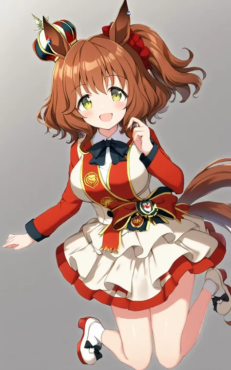 1girl, <lora:sdxl-um-astonmachan:0.7> AstonMachan, , green eyes, tareme, petite horse girl, horse ears, horse tail, head on mini crown, side_ponytail, lightbrown hair, medium hair, shiny hair, greenyellow eyes, hair_between_eyes, hair_ornament, medium breasts, red head_scrunchie, skindentation +++ red sleeves, parted colored shirt, long sleeves, white pleated skirt, white footwear, high heels, bow, sash  , happy, :)
