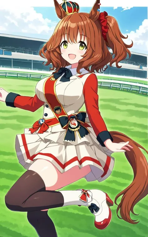 1girl, <lora:sdxl-um-astonmachan:0.7> AstonMachan, , green eyes, tareme, petite horse girl, horse ears, horse tail, head on mini crown, side_ponytail, lightbrown hair, medium hair, shiny hair, greenyellow eyes, hair_between_eyes, hair_ornament, medium breasts, red head_scrunchie, skindentation +++ red sleeves, parted colored shirt, long sleeves, white pleated skirt, white footwear, high heels, bow, sash, turf, race track , :D, extremely quality extremely detailed, illustration, cute anime face