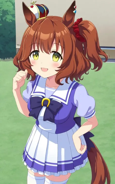 1girl, <lora:sdxl-um-astonmachan:0.7> AstonMachan, , green eyes, tareme, petite horse girl, horse ears, horse tail, head on mini crown, side_ponytail, lightbrown hair, medium hair, shiny hair, greenyellow eyes, hair_between_eyes, hair_ornament, medium breasts, red head_scrunchie, skindentation +++ <lora:_sdxl-um-trauniform:0.7> trasumuni, summer tracen_school_uniform, white sailor collar, white skirt, white thighhighs, darkblue_bowtie, skyblue short sleeve blouse, darkblue back bowtie, school , whiskers, extremely quality extremely detailed, illustration, cute anime face