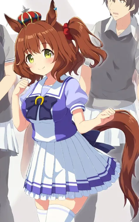 1girl, <lora:sdxl-um-astonmachan:0.7> AstonMachan, , green eyes, tareme, petite horse girl, horse ears, horse tail, head on mini crown, side_ponytail, lightbrown hair, medium hair, shiny hair, greenyellow eyes, hair_between_eyes, hair_ornament, medium breasts, red head_scrunchie, skindentation +++ <lora:_sdxl-um-trauniform:0.7> trasumuni, summer tracen_school_uniform, white sailor collar, white skirt, white thighhighs, darkblue_bowtie, skyblue short sleeve blouse, darkblue back bowtie, school , Bashful, extremely quality extremely detailed, illustration, cute anime face