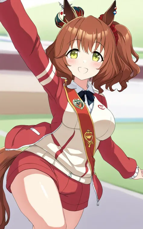1girl, AstonMachan, <lora:sdxl-um-astonmachan:0.7> , , green eyes, tareme, petite horse girl, horse ears, horse tail, head on mini crown, side_ponytail, lightbrown hair, medium hair, shiny hair, greenyellow eyes, hair_between_eyes, hair_ornament, medium breasts, red head_scrunchie, skindentation +++ <lora:_sdxl-um-tracenjersey:0.6>, red track jacket, open clothes, tight white gym shiet, tracenJerseyPants, red shorts, zettai ryouiki, track  , Joyful, extremely quality extremely detailed, illustration, cute anime face