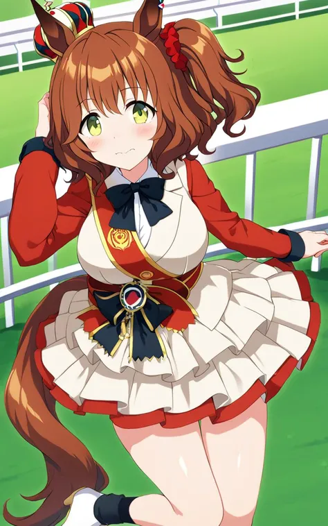1girl, AstonMachan, <lora:sdxl-um-astonmachan:0.7> , , green eyes, tareme, petite horse girl, horse ears, horse tail, head on mini crown, side_ponytail, lightbrown hair, medium hair, shiny hair, greenyellow eyes, hair_between_eyes, hair_ornament, medium breasts, red head_scrunchie, skindentation +++ red sleeves, parted colored shirt, long sleeves, white pleated skirt, white footwear, high heels, bow, sash, turf, race track , wavy mouth, extremely quality extremely detailed, illustration, cute anime face