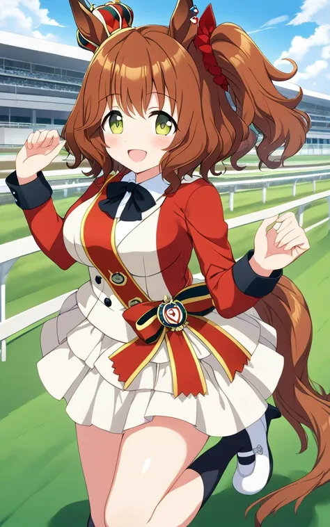 1girl, AstonMachan, <lora:sdxl-um-astonmachan:0.7> , , green eyes, tareme, petite horse girl, horse ears, horse tail, head on mini crown, side_ponytail, lightbrown hair, medium hair, shiny hair, greenyellow eyes, hair_between_eyes, hair_ornament, medium breasts, red head_scrunchie, skindentation +++ red sleeves, parted colored shirt, long sleeves, white pleated skirt, white footwear, high heels, bow, sash, turf, race track , Jubilant, extremely quality extremely detailed, illustration, cute anime face