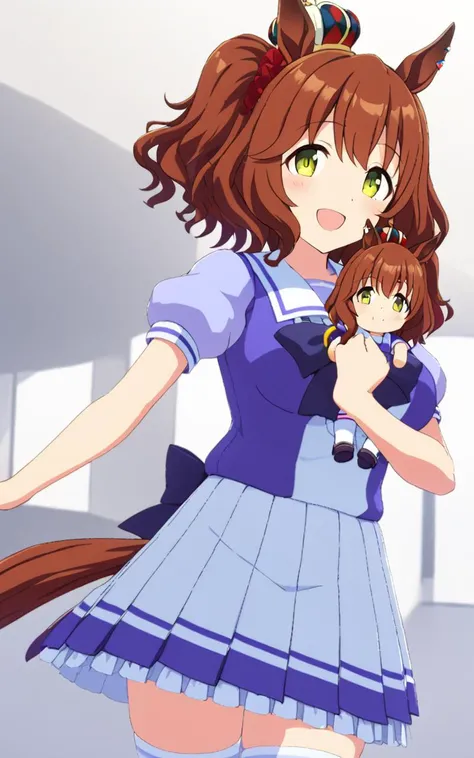 1girl, AstonMachan, <lora:sdxl-um-astonmachan:0.7> , character doll, holding doll , green eyes, tareme, petite horse girl, horse ears, horse tail, head on mini crown, side_ponytail, lightbrown hair, medium hair, shiny hair, greenyellow eyes, hair_between_eyes, hair_ornament, medium breasts, red head_scrunchie, skindentation +++ <lora:_sdxl-um-trauniform:0.8> trasumuni, summer tracen_school_uniform, white sailor collar, white skirt, white thighhighs, darkblue_bowtie, skyblue short sleeve blouse, darkblue back bowtie, school , :D, extremely quality extremely detailed, illustration, cute anime face