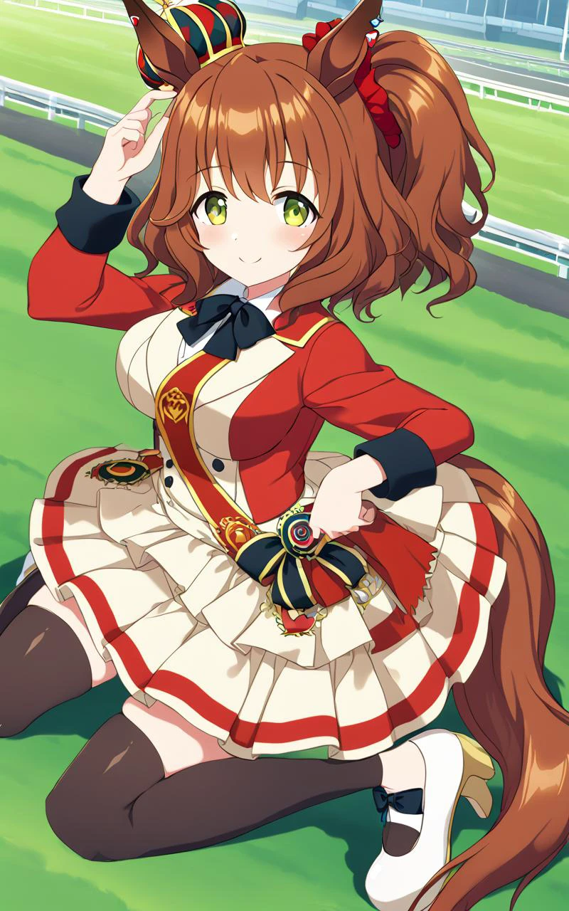 1girl, AstonMachan, <lora:sdxl-um-astonmachan:0.7> , , green eyes, tareme, petite horse girl, horse ears, horse tail, head on mini crown, side_ponytail, lightbrown hair, medium hair, shiny hair, greenyellow eyes, hair_between_eyes, hair_ornament, medium breasts, red head_scrunchie, skindentation +++ red sleeves, parted colored shirt, long sleeves, white pleated skirt, white footwear, high heels, bow, sash, turf, race track , kind smile, extremely quality extremely detailed, illustration, cute anime face