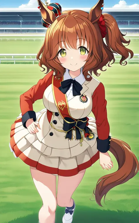 1girl, AstonMachan, <lora:sdxl-um-astonmachan:0.7> , , green eyes, tareme, petite horse girl, horse ears, horse tail, head on mini crown, side_ponytail, lightbrown hair, medium hair, shiny hair, greenyellow eyes, hair_between_eyes, hair_ornament, medium breasts, red head_scrunchie, skindentation +++ red sleeves, parted colored shirt, long sleeves, white pleated skirt, white footwear, high heels, bow, sash, turf, race track , Overjoyed, extremely quality extremely detailed, illustration, cute anime face