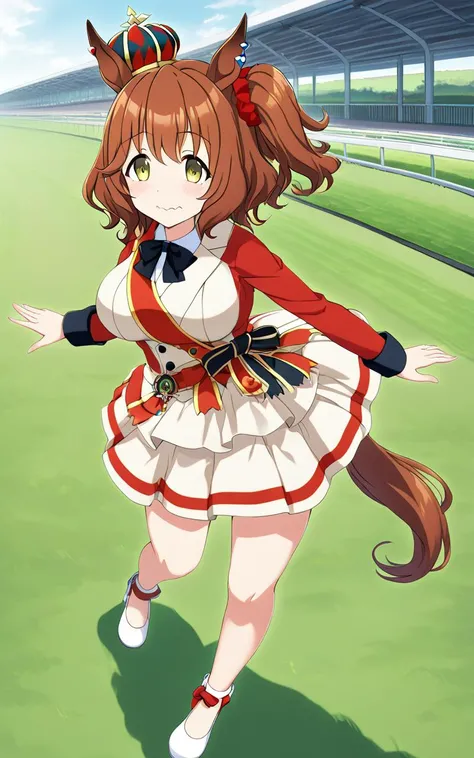 1girl, AstonMachan, <lora:sdxl-um-astonmachan:0.7> , , green eyes, tareme, petite horse girl, horse ears, horse tail, head on mini crown, side_ponytail, lightbrown hair, medium hair, shiny hair, greenyellow eyes, hair_between_eyes, hair_ornament, medium breasts, red head_scrunchie, skindentation +++ red sleeves, parted colored shirt, long sleeves, white pleated skirt, white footwear, high heels, bow, sash, turf, race track , wavy mouth, extremely quality extremely detailed, illustration, cute anime face
