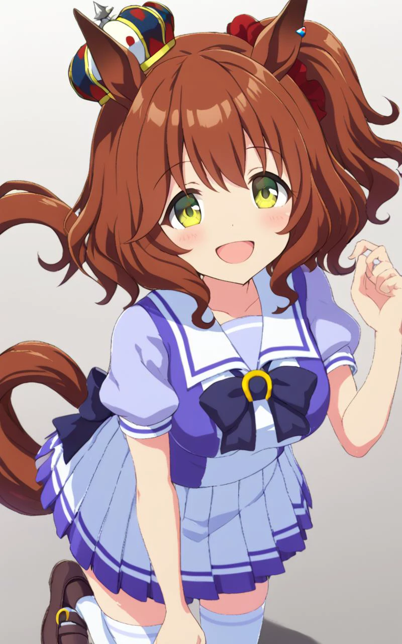 1girl, AstonMachan, <lora:sdxl-um-astonmachan:0.7> , , green eyes, tareme, petite horse girl, horse ears, horse tail, head on mini crown, side_ponytail, lightbrown hair, medium hair, shiny hair, greenyellow eyes, hair_between_eyes, hair_ornament, medium breasts, red head_scrunchie, skindentation +++ <lora:_sdxl-um-trauniform:0.8> trasumuni, summer tracen_school_uniform, white sailor collar, white skirt, white thighhighs, darkblue_bowtie, skyblue short sleeve blouse, darkblue back bowtie, school , :D, extremely quality extremely detailed, illustration, cute anime face