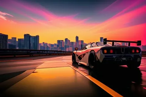 (nvinkpunk:1.2) (snthwve style:0.8) f1lm sports car, lightwave, sunset, intricate, highly detailed <lora:mclarenF1LMSD15_epoch2:1>