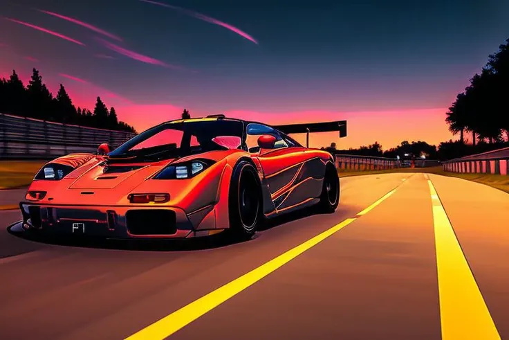 (nvinkpunk:1.2) (snthwve style:0.8) f1lm sports car, lightwave, sunset, intricate, highly detailed <lora:mclarenF1LMSD15_epoch2:1>
