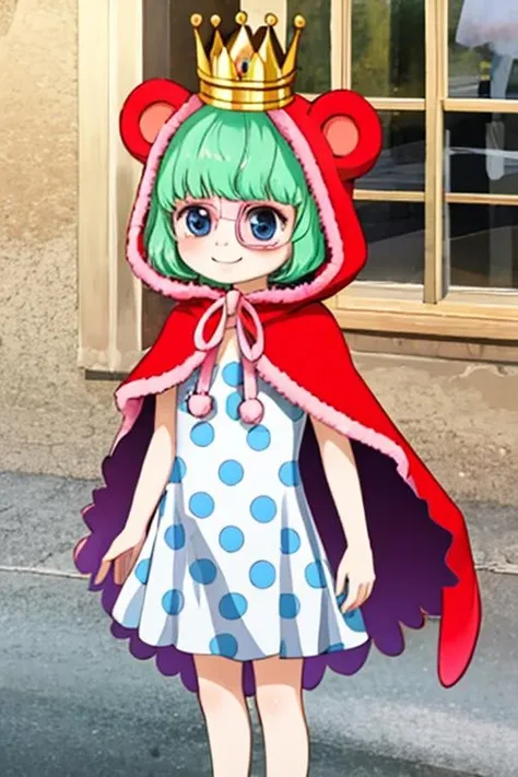 opsugar, short hair, blue eyes, green hair, crown, animal hood, red cape, bear ears, eyepatch, monocle, hood, cape, dress, polka dot dress, sandals, smile, standing, mountain  <lora:Sugar-000003:1>