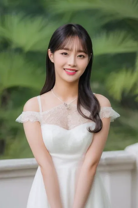 black hair,bangs,<lora:loonaChuuV1:1>,Chuu,(close-up photo:1.2),(pov:1.1),korean, woman, complex 3d render ultra detailed, (smile:1.1), portrait of beautiful woman, moody portrait, striking features, beauty, intricate details, dramatic composition, tension, contrast, texture, realism, high-quality rendering, stunning art, high quality, film grain, Fujifilm XT3,swirly bokeh,(realistic, photo-realistic:1.4),RAW photo,physically-based rendering,(looking at viewer:1.4),(8k, best quality, masterpiece:1.2),(full body shot:1.1),octane render,extremely detailed CG, unity 8k wallpaper,in forest,(studio soft light,sunlight:1.1),standing,(a girl is wearing wedding dress:1.5),hyper realistic detail shiny skin,ultra detailed,(ultra realistic:1.1),(intricate:1.2),(photorealistic:1.1),1girl,(skinny:1.3),detailed background