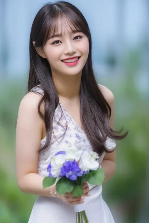 black hair,bangs,<lora:loonaChuuV1:1>,Chuu,(close-up photo:1.2),(pov:1.1),korean, woman, complex 3d render ultra detailed, (smile:1.1), portrait of beautiful woman, moody portrait, striking features, beauty, intricate details, dramatic composition, tension, contrast, texture, realism, high-quality rendering, stunning art, high quality, film grain, Fujifilm XT3,swirly bokeh,(realistic, photo-realistic:1.4),RAW photo,physically-based rendering,(looking at viewer:1.4),(8k, best quality, masterpiece:1.2),(full body shot:1.1),octane render,extremely detailed CG, unity 8k wallpaper,in forest,(studio soft light,sunlight:1.1),standing,(a girl is wearing wedding dress:1.5),hyper realistic detail shiny skin,ultra detailed,(ultra realistic:1.1),(intricate:1.2),(photorealistic:1.1),1girl,(skinny:1.3),detailed background